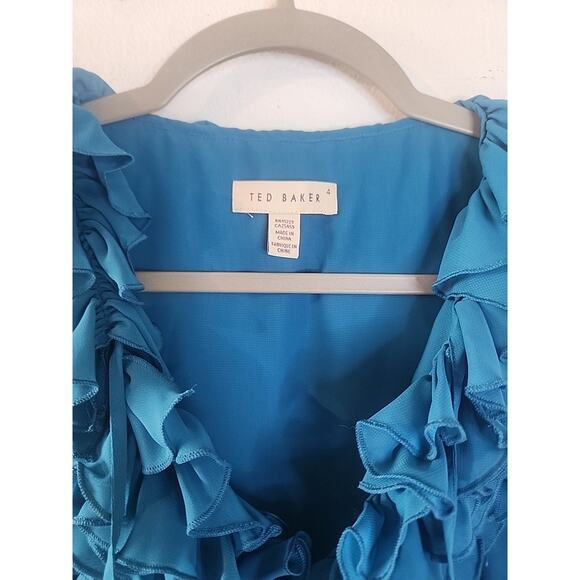 Ted Baker London Mini Poly Sheath Formal Cocktail Dress Blue Teal Ruffle Size 4 - Picture 4 of 6